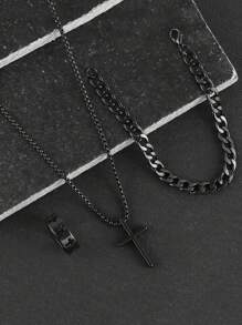 3pcs/Set Cross Pendant Necklace, Carved Hollow Ring, Hiphop Chain Bracelet Jewelry Set, For Men And Women, Gift And Daily Wear