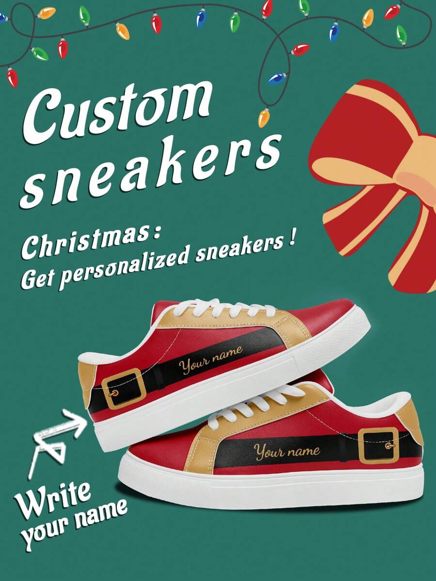 1 Pair Custom Name Christmas Belt Holiday Gift Low Top Leather Sneakers, Personalized Christmas Name Sneakers, Custom Santa-Themed Sneakers, Personalized Low Top Leather Shoes For The Festive Season, Unique Name Gift Sneakers, Tailored Christmas Sneakers For Him And Her, Customized Sports And Casual Footwear, Ideal Christmas Gift For Mom/Dad/Her/Him/Girlfriend/Boyfriend/Wife/Husband/Friend.