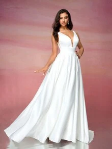 Satin V-Neck A-Line Empire Waist Wedding Dress,Bride - White - View 3