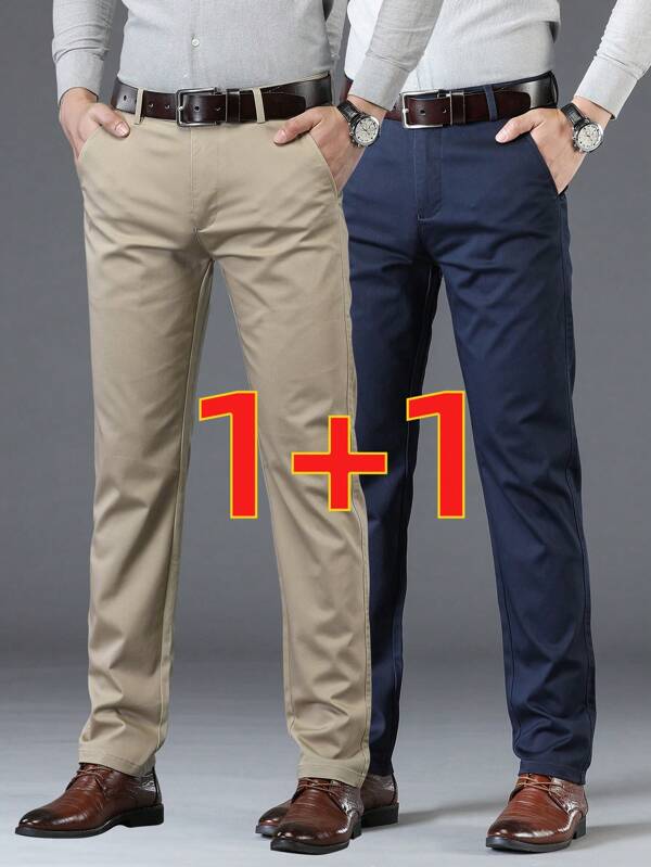 2 Pieces Set Of Men's Business Solid Color Straight Suit Trousers Slim Fit Stretch Casual Daily Formal Trousers With Pockets