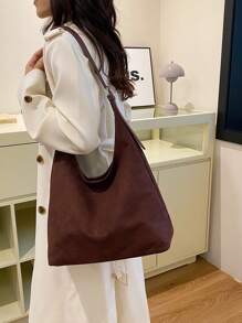 女士百搭通勤手提包，新款跨境时尚复古鹿皮绒面皮草大容量单肩包，秋冬 - 咖啡棕 - 查看 2