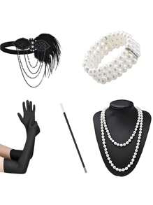 Set de 6 accesorii și pălării la modă în stil Paște/anii 1920, inclusiv bentiță cu pene, mănuși, colier lung cu perle artificiale, suport pentru țigări, brățară cu 3 rânduri de perle artificiale pentru petrecere, spectacol, costum de Ziua Mamei și Halloween
