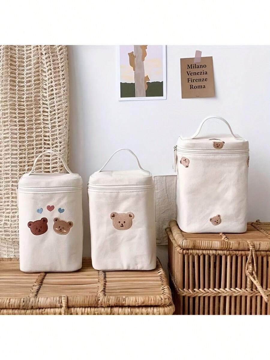 Insulated & Waterproof Diaper Bag With Embroidered Bear Pattern, Wet