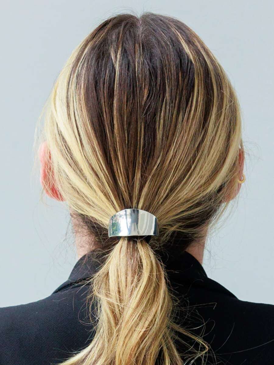 Gold Silver Metal Hair Scrunchie, Ponytail Holder, Hair Tie, Hair Accessory, Chic Hair Accessory Casual Elegant - 銀色 - 查看 1