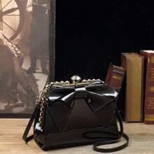 优雅个性大蝴蝶结女士手提包，时尚金属链条女士单肩斜跨手提包，配有多条肩带，非常适合送给朋友的礼物 - 黑色 - 查看 1