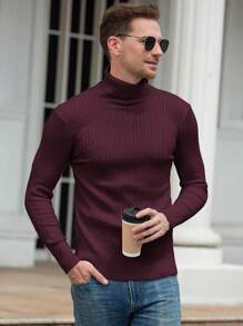 Men's Slim Fit Turtleneck Sweater, Soft Ribbed Knitted Patterned Long Sleeve Casual Base Layer