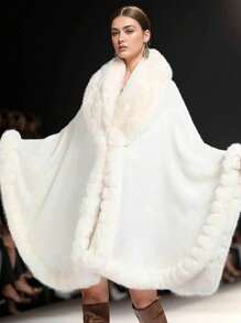 1 件大码女式蓬松领纯色斗篷开衫外套，舒适优雅