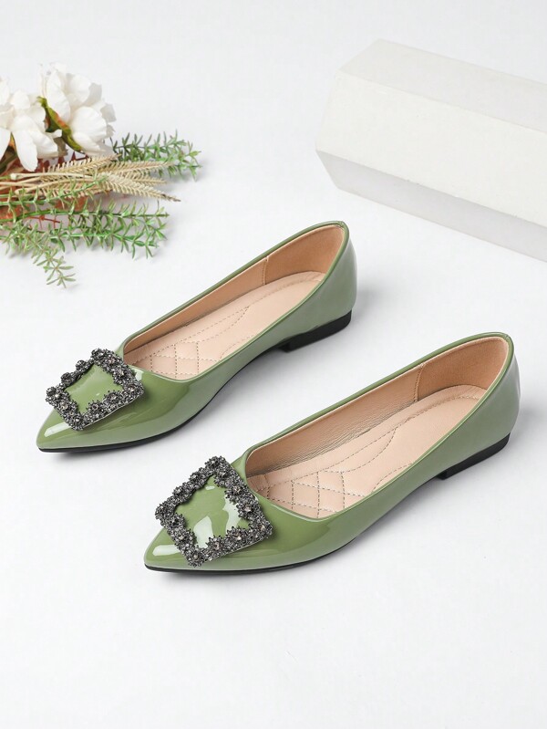 2024 New Green Rhinestone Square Buckle Low Heel Pointed Toe Simple Casual Commuter Shoes For Women