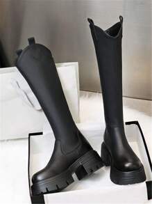 2025 秋冬新款黑色过膝长靴，厚底粗跟高跟靴，修身及膝马靴，适合娇小身材 - 黑色 - 查看 11