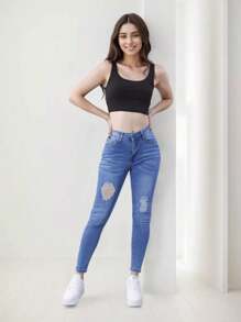 Jeans ajustados de cintura alta lavados, jeans ajustados de botones de un solo pecho elásticos, jeans ajustados y elásticos para mujeres, jeans de mezclilla y ropa - Azul - Ver 2