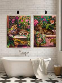 1pc Framed/Unframed Minimalist Oil Painting Of Tiger In Bathtub, Bold And Vibrant Dopamine Animal Picture, Colorful And Fashionable Bathroom Wall Art - Multicolor - View 1