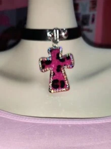 1 par de pendientes de cruz con estampado de Leopardo rosa brillante de cristal Y2K, accesorios de joyería gótica vintage, regalo punk de Halloween