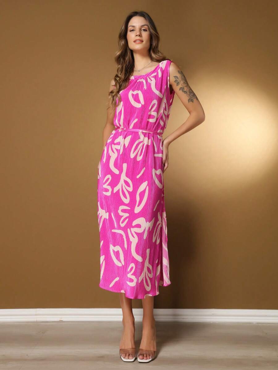 Belala Moda New Dress With Elastane At The Neck And With A Rope At The Waist With Print - 玫瑰紅 - 查看 1
