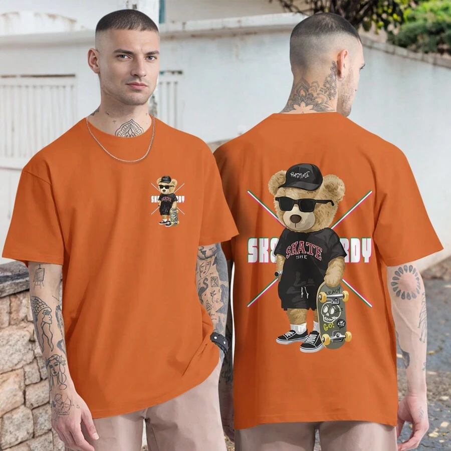 Oversized Skater Bear T-Shirt Skate Streetwear Shirt HD Print Front And Back - 橘色 - 查看 1
