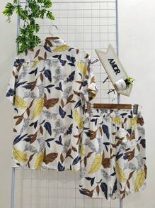 Printed Hawaiian Shirt And Shorts Set For Men Adults 100% Viscose Fabric With Elastane - 黃色 - 查看 3