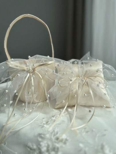 1 pieza Cesta de flores para boda, almohadilla portadora de anillo con encaje y perlas artificiales en color champán, apta para fiestas de boda (blanco y champán)
