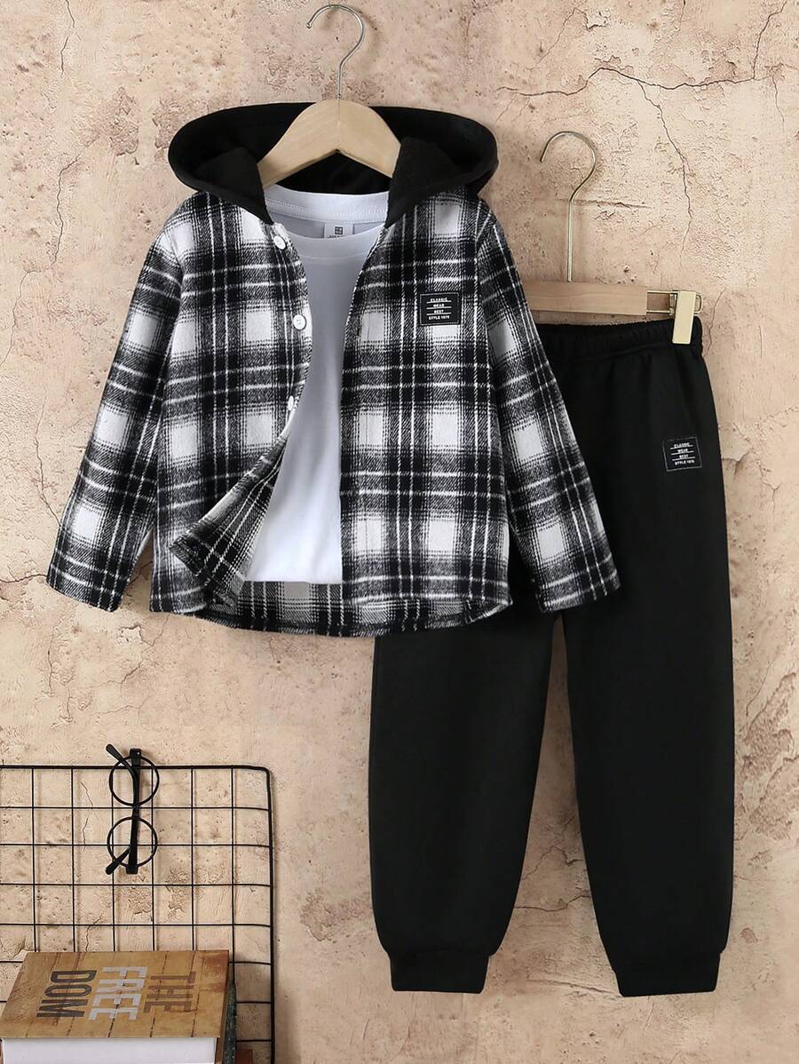2pcs/Set Young Boys Plaid Hooded Jacket And Solid Color Sweatpants Set, Autumn/Winter - Black - View 1