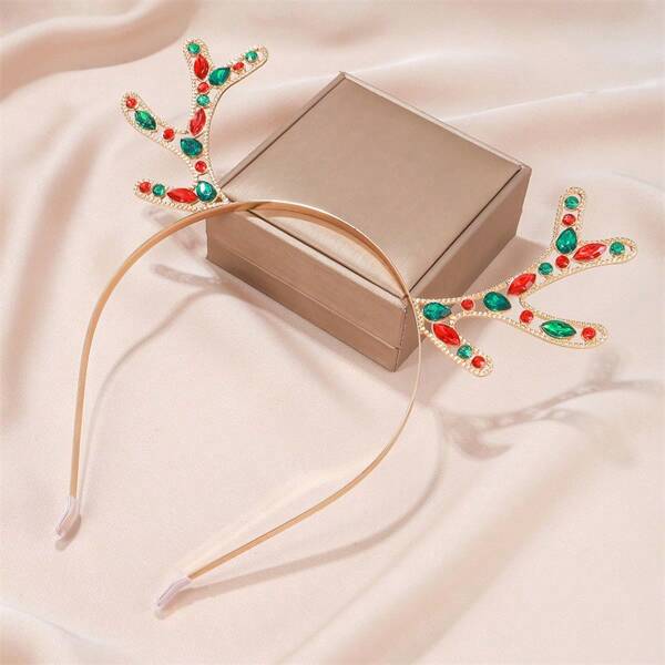 Diadema con cuernos enjoyados con diamantes de estilo navideño, nueva diadema de año nuevo con cuernos, diadema de moda para mujer con cuernos de metal, diadema navideña linda con diamantes de imitación y cuernos, banda para el cabello con cuernos y diamantes