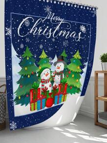 1 件/4 件圣诞树、雪人和蓝色雪花背景多功能浴室防水浴帘，带 12 个挂钩、浴室防滑垫、U 型马桶垫和圆形马桶座套浴室套装，适用于所有场景 - 彩色 - 查看 2