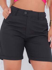 Women's Linen Bermuda Shorts, Long, High Waist, With Front Pocket And Zipper, Elegant - màu đen - Xem 4