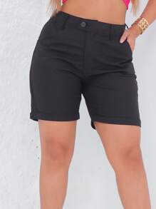 Women's Linen Bermuda Shorts, Long, High Waist, With Front Pocket And Zipper, Elegant - màu đen - Xem 7