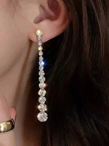 2pcs Fashionable Long Waterdrop Shaped Rhinestone Embedded Faux Pearl Pendant Earrings For Women, Party Night Dress-Up Accessories - Gold - View 11