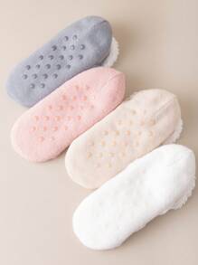 1 Pair Women's Twist Design Thick Wool Lined Non-Slip Slipper Socks, Ideal For Indoor/Home, Great Gift For Winter