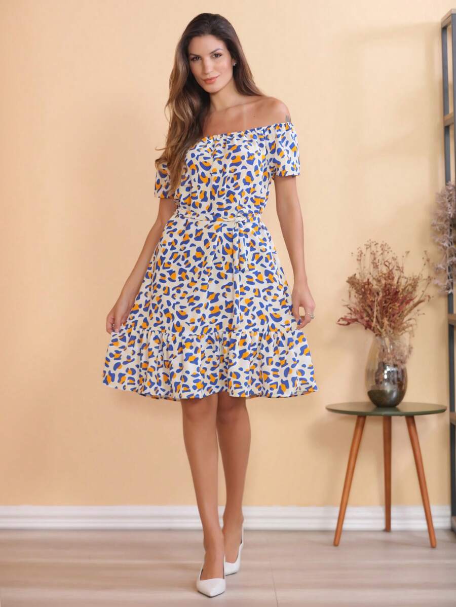 Women's Short Off-The-Shoulder Dress With Floral Print - 淺藍色 - 查看 1