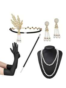 Set de 6 accesorii și pălării la modă în stil Paște/anii 1920, inclusiv bentiță cu pene, mănuși, colier lung cu perle artificiale, suport pentru țigări, brățară cu 3 rânduri de perle artificiale pentru petrecere, spectacol, costum de Ziua Mamei și Halloween