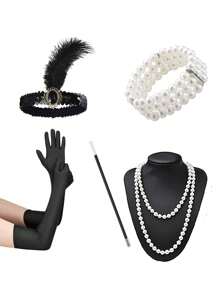 Set de 6 accesorii și pălării la modă în stil Paște/anii 1920, inclusiv bentiță cu pene, mănuși, colier lung cu perle artificiale, suport pentru țigări, brățară cu 3 rânduri de perle artificiale pentru petrecere, spectacol, costum de Ziua Mamei și Halloween