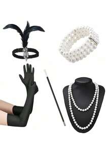 Set de 6 accesorii și pălării la modă în stil Paște/anii 1920, inclusiv bentiță cu pene, mănuși, colier lung cu perle artificiale, suport pentru țigări, brățară cu 3 rânduri de perle artificiale pentru petrecere, spectacol, costum de Ziua Mamei și Halloween