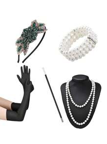 Set de 6 accesorii și pălării la modă în stil Paște/anii 1920, inclusiv bentiță cu pene, mănuși, colier lung cu perle artificiale, suport pentru țigări, brățară cu 3 rânduri de perle artificiale pentru petrecere, spectacol, costum de Ziua Mamei și Halloween