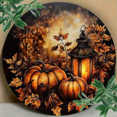 1pc Autumn Lantern & Pumpkin Round Metal Wreath Sign, Flat Round Metal Wall Decor Art, Suitable For Autumn & Halloween Decoration, For Home, Cafe, Restaurant - Indoor & Outdoor Use, 8x8 Inch (20x20cm), Random Style With Holes On Top, Bottom, Left And Right
