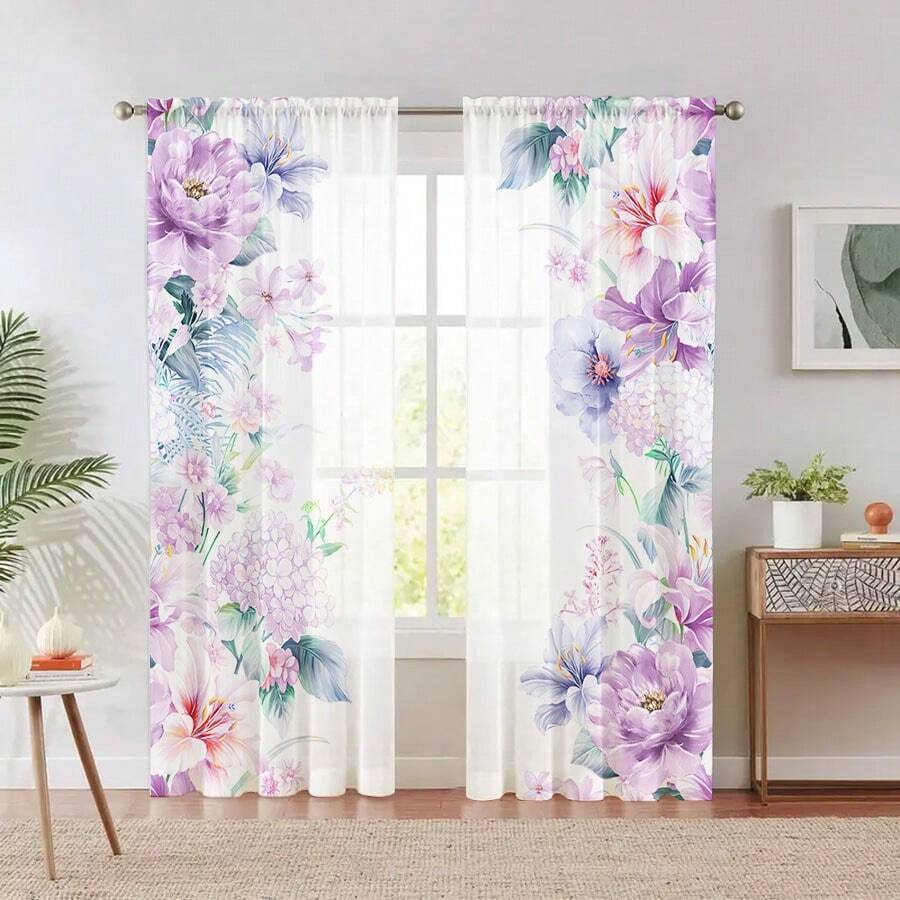 2 PEZZI Tende in tessuto di garza con stampa floreale viola, con sacchetti per aste, adatte per camera da letto, ufficio, cucina, soggiorno, studio, decorazione della casa - Multicolore - Visualizzare 1