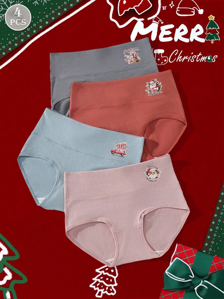 4 件套女士高腰柔软舒适圣诞老人印花内裤套装 - 彩色 - 查看 1