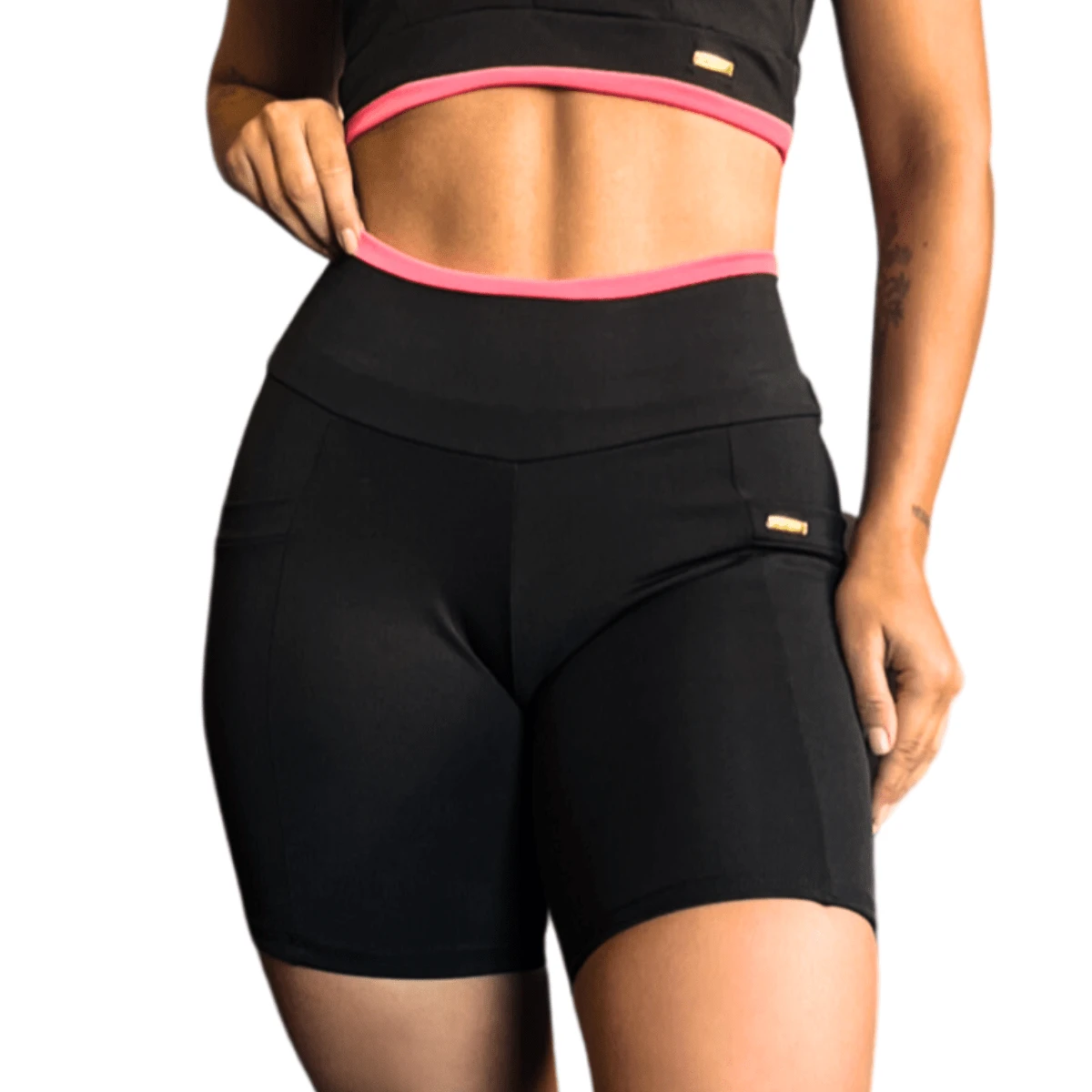 Gym Shorts Sports Bermuda Fitness Women's Gymnastics With Pocket Leggings For Working Out Yoga Running High Waist - Lynda Women's Workout Clothing Bodybuilding Crossfit Plain With Neon Details - Màu Hồng Tươi - Xem 1