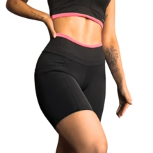 Gym Shorts Sports Bermuda Fitness Women's Gymnastics With Pocket Leggings For Working Out Yoga Running High Waist - Lynda Women's Workout Clothing Bodybuilding Crossfit Plain With Neon Details - Màu Hồng Tươi - Xem 3