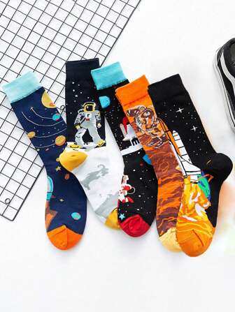 2雙男士(隨機顏色)ins風中筒太空人透氣吸汗襪,適用於秋冬季節