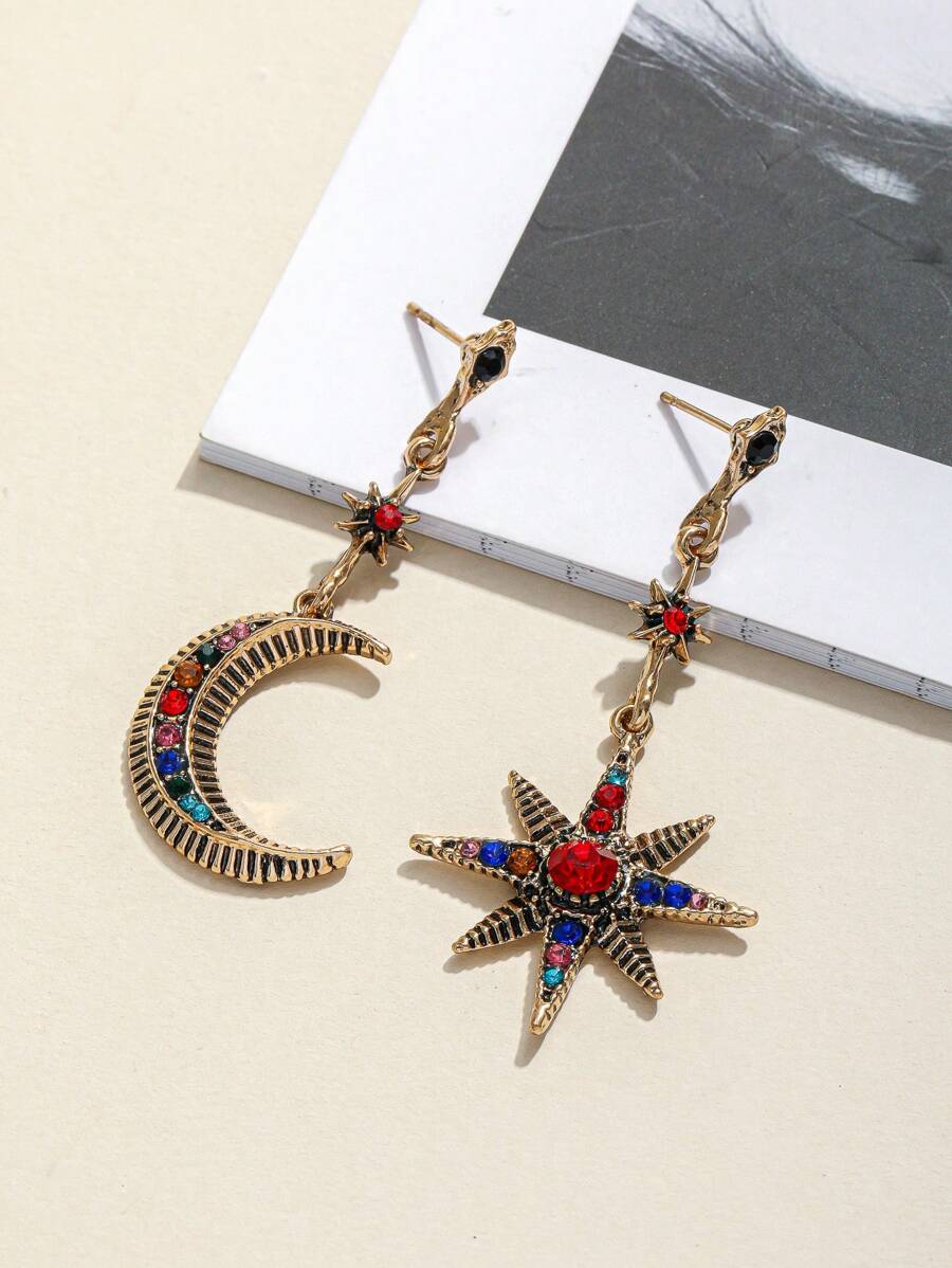 2 件时尚波西米亚耳环水晶吊坠耳环太阳和月亮多种颜色适合女士日常礼物 - 彩色 - 查看 1