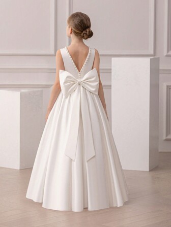 少女优雅露背 V 领蝴蝶结碎花连衣裙，公主裙适合女孩婚礼、派对、生日、圣餐、特殊场合