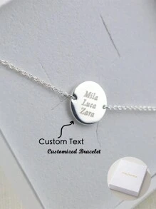 时尚优雅圆盘形不锈钢定制文字手链可刻1-3个英文名字，圣诞礼物，高品质珠宝配饰礼品 - 銀色 - 查看 1