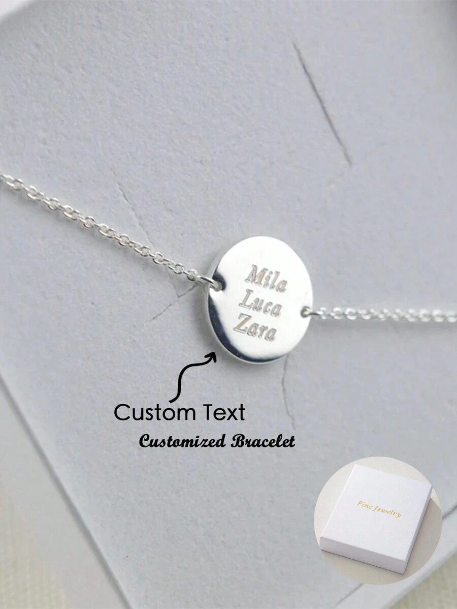时尚优雅圆盘形不锈钢定制文字手链可刻1-3个英文名字，圣诞礼物，高品质珠宝配饰礼品 - 銀色 - 查看 1