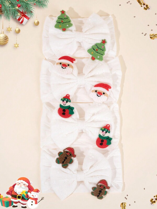 1pc Christmas Headband For Baby Delicate Crochet Santa Claus Snowman Hairbands For Toddler Infant Newborn Adorable Pine Gingerbread Man Hair Bow Hair Bands Solid Color White Bow Elastic Bands,Baby Holiday Party Headpiece,New Year Gift For Toddler Girls,Kids Baby Hair Accessories