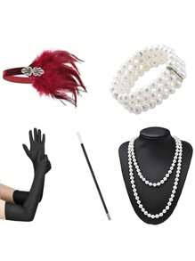Set de 6 accesorii și pălării la modă în stil Paște/anii 1920, inclusiv bentiță cu pene, mănuși, colier lung cu perle artificiale, suport pentru țigări, brățară cu 3 rânduri de perle artificiale pentru petrecere, spectacol, costum de Ziua Mamei și Halloween