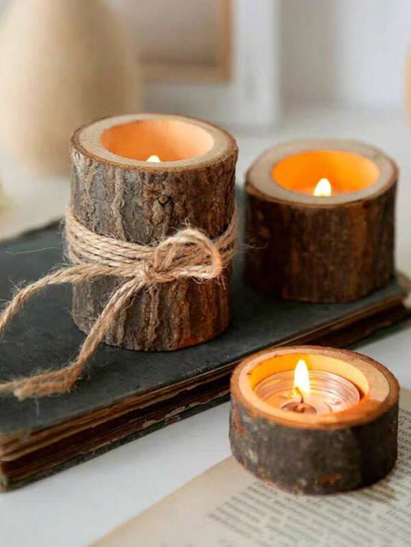 1PC Castiçais de madeira, Castiçais de toco de árvore vintage, Decoração rústica retrô para casa, Enfeites de mesa, Criando outono, feriado, Natal, inverno e atmosfera festiva
