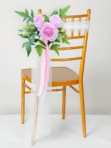 1件白色玫瑰婚礼走道装饰，粉色教堂长椅装饰，婚礼仪式派对椅装饰，配以人造花、桉树叶和丝带