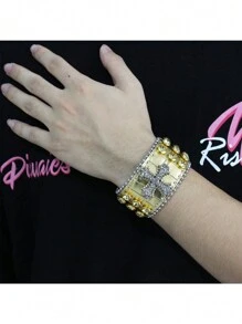 Braccialetti in pelle con rivetti a forma di croce, stile hip hop punk rock, ampi braccialetti per discoteca, DJ, cantanti, costumi di scena e cosplay - Multicolore - Visualizzare 12