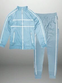 Mens Stripe Tape Zip Up Jacket And  Jogger Set Co-Ord Long Sleeve Two-Piece Set - Sky Blue - View 1