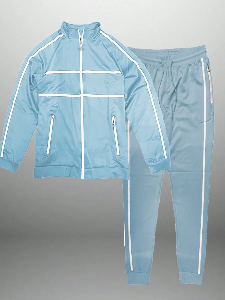 Mens Stripe Tape Zip Up Jacket And Jogger Set Co-Ord Long Sleeve Two-Piece Set - Sky Blue - View 1