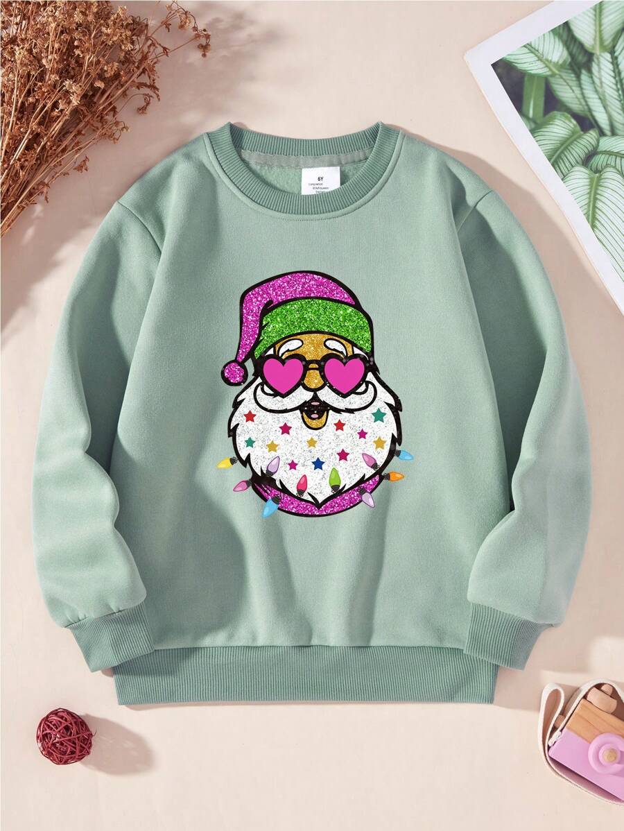 Young Girl Santa Claus Print Crew Neck Sweatshirt - Green - View 1